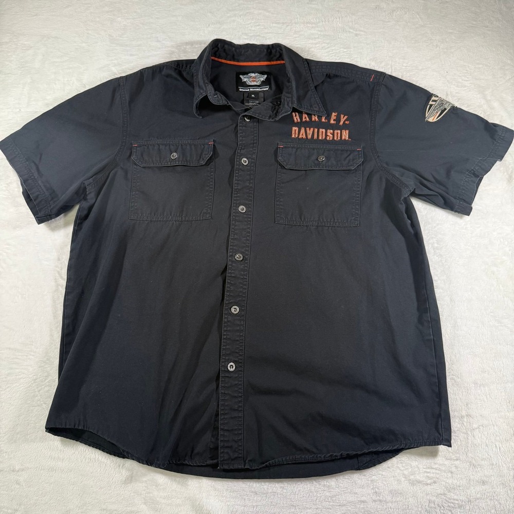Harley Davidson Men's Black Short Sleeve Button-Up Mechanic Shirt Embroidered